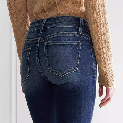 Ladies Mid Waist Slim Fit Stretch Retro Flared Jeans