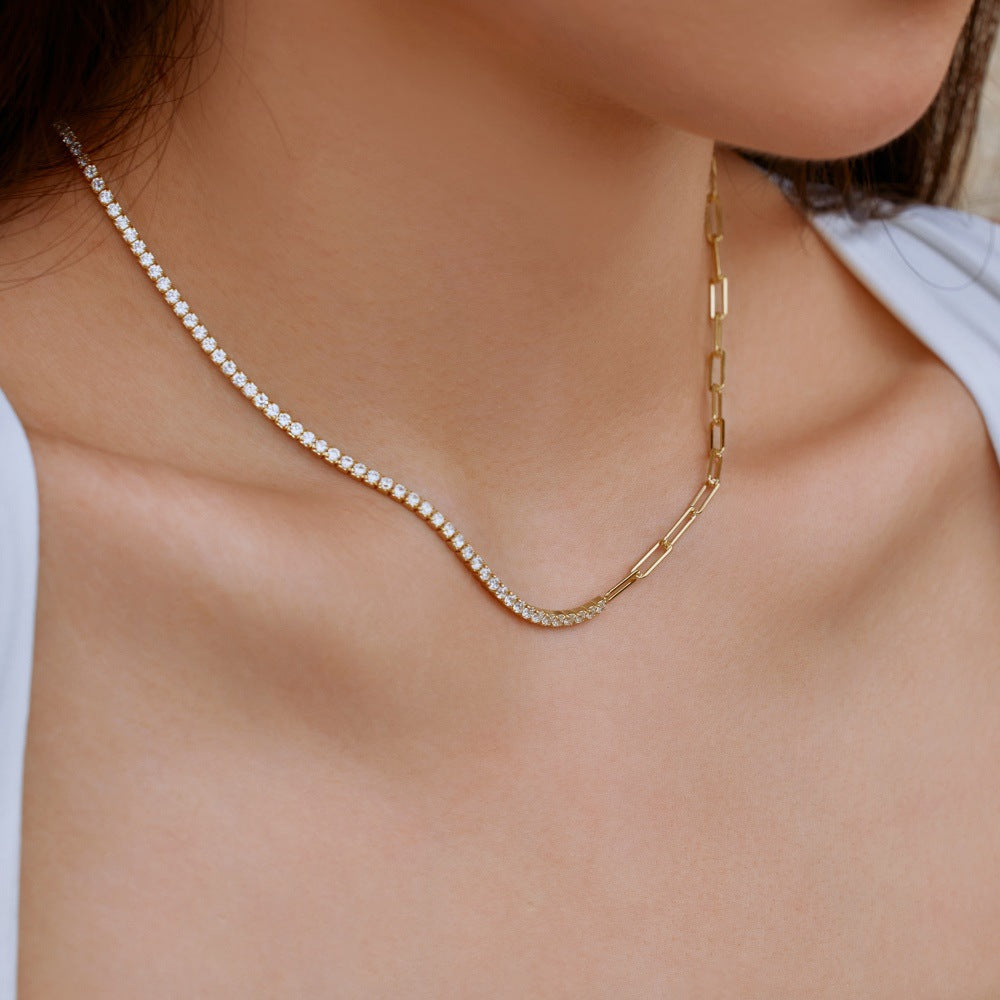 Silver S925 White Round Zirconium Inlaid Tennis Chain Clip Chain Double-piece Design Necklace