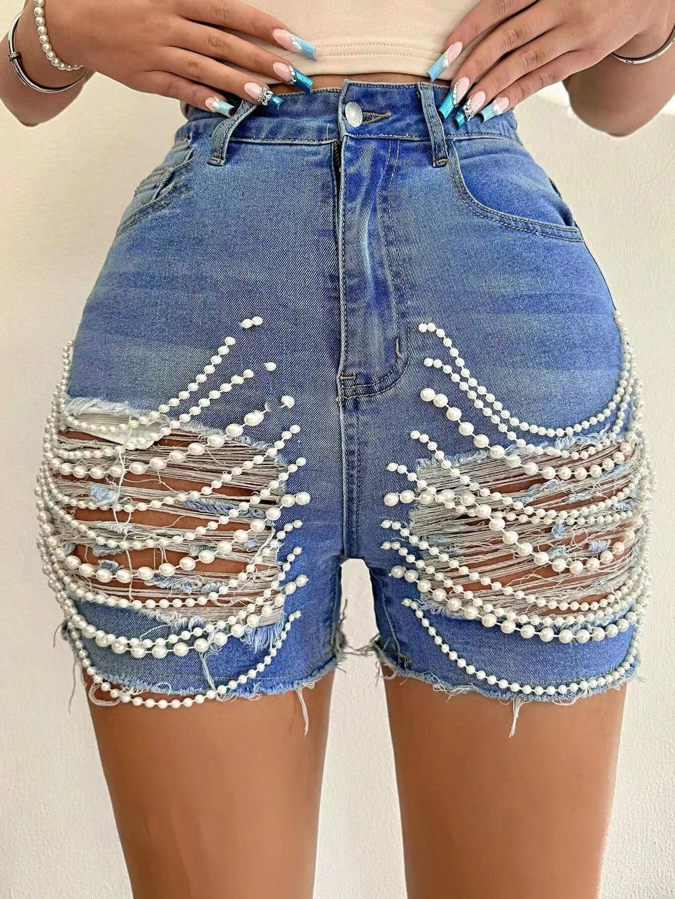 European And American Denim Shorts High Waist Slimming Handmade Bead Necklace Ripped