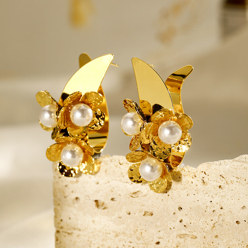 Stainless Steel Flower Pearl Stud Earrings Electroplating