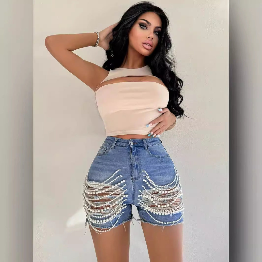 European And American Denim Shorts High Waist Slimming Handmade Bead Necklace Ripped