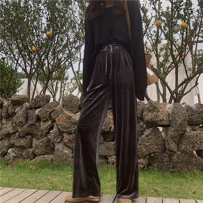 Draping Effect Gold Velvet Spring And Autumn Loose High Waist Straight Mopping Pants