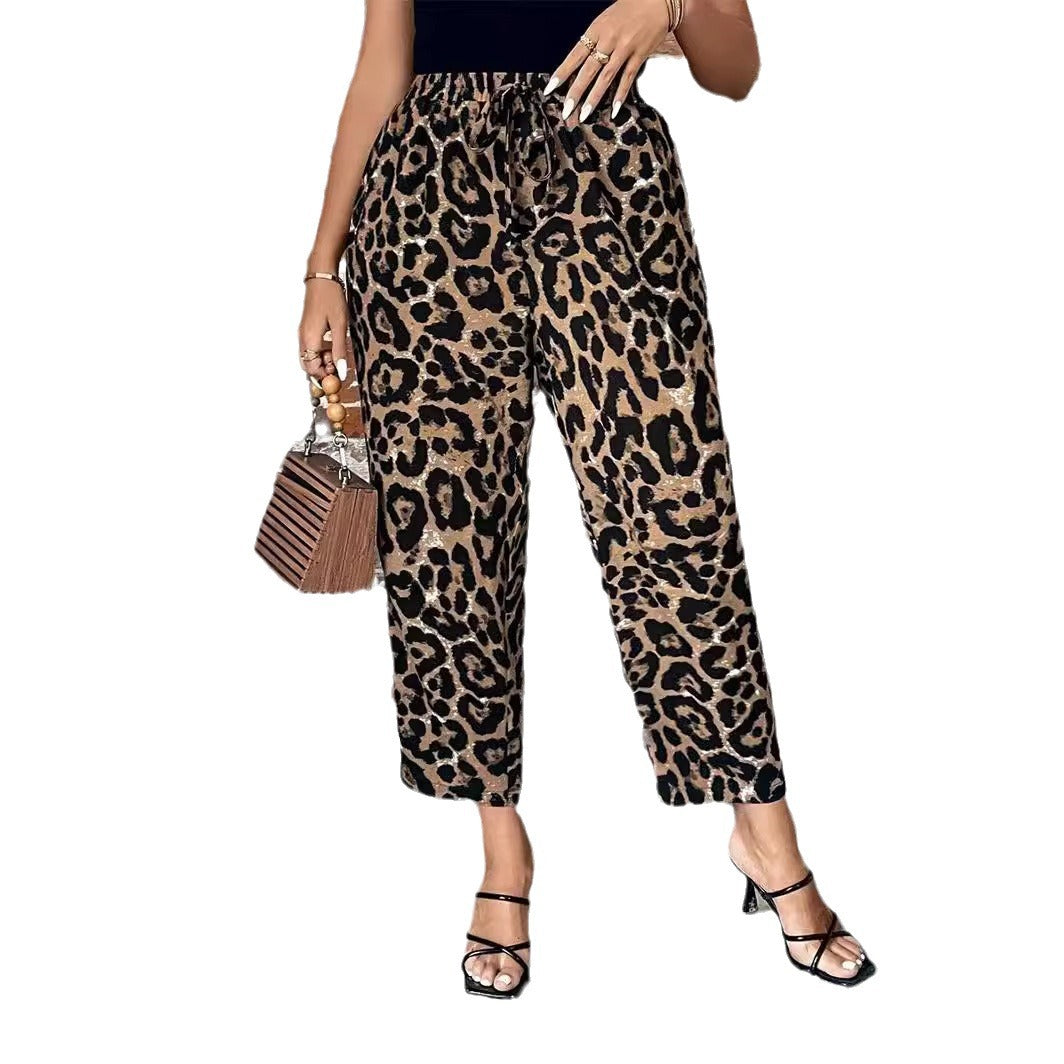 Plus Size Women's Lace-up Leopard Print Woven Pants