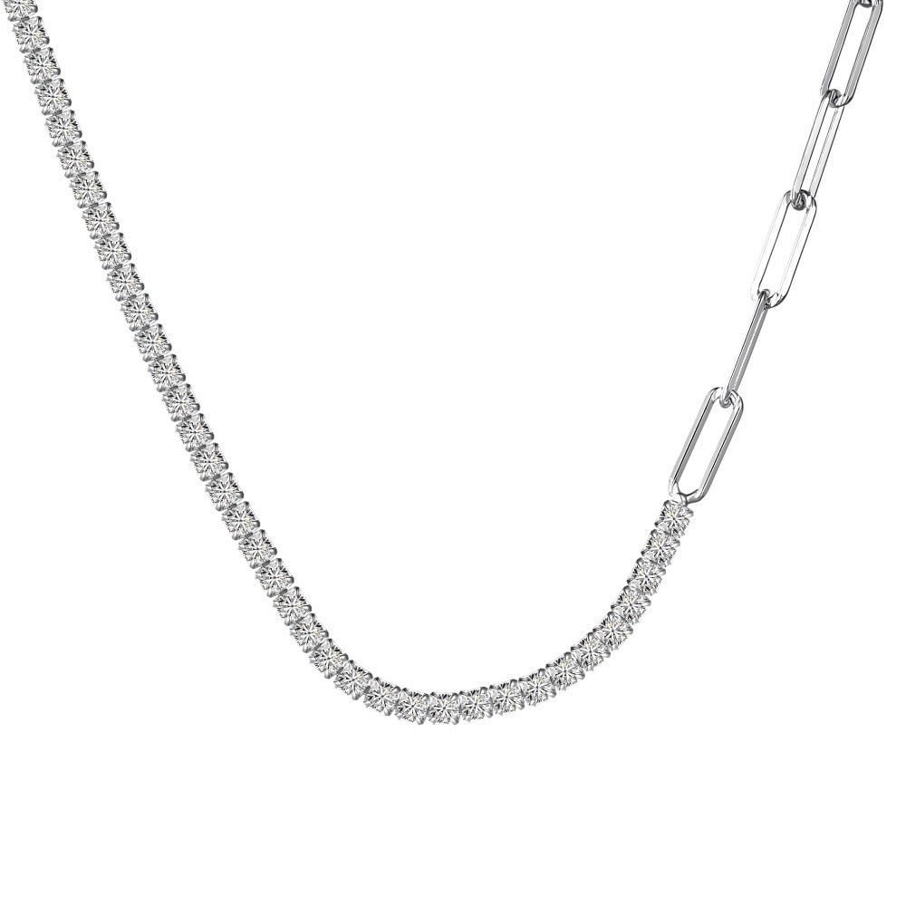 Silver S925 White Round Zirconium Inlaid Tennis Chain Clip Chain Double-piece Design Necklace