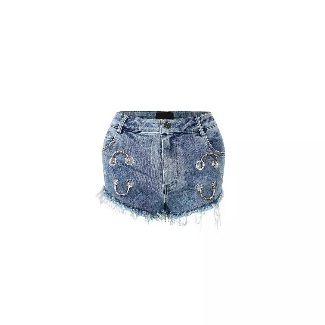 European And American Denim Shorts Metal Ring