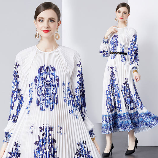 Women's Fashion Vintage Printed Round Neck Long Sleeve Dress