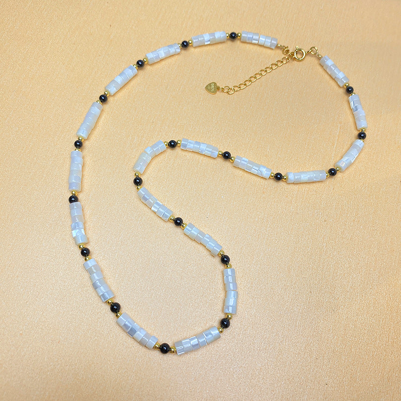 Silver Natural White Shell Black Agate Beaded Necklace Niche