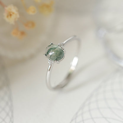 S925 Silver Green Moss Ring Water Plants Agate Female Finger Ring