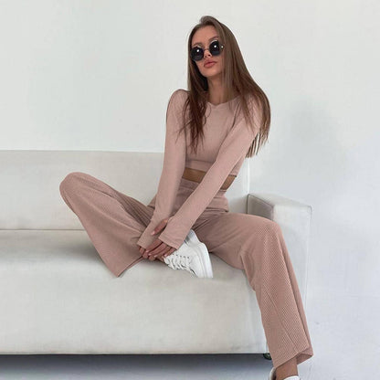 European And American Long-sleeved Pajamas Short Trousers Suit Fashion Sunken Stripe Knitted Home Wear