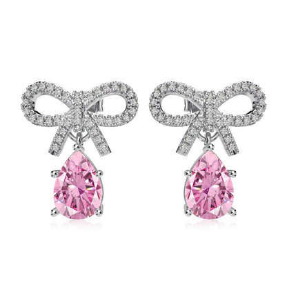 Silver S925 Pink Pear-shaped Water Drop Bow Design Niche Exquisite Fashion Sense Women's Earrings