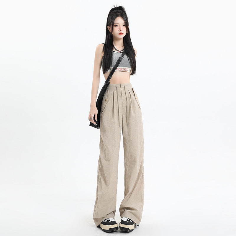 American High Street Cool Drawstring Lace-up Casual High Waist Wide Leg Pants