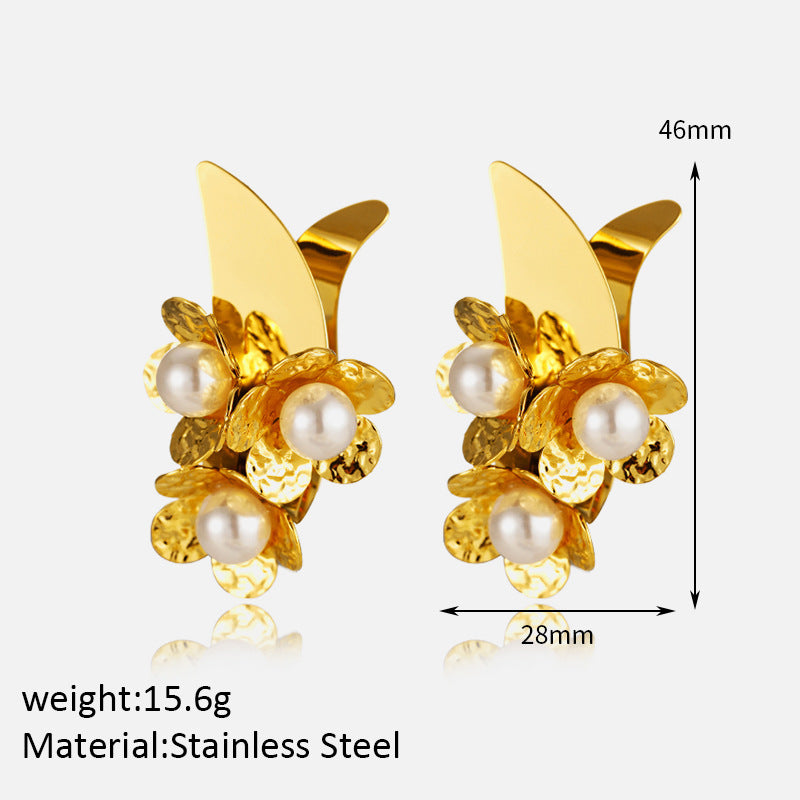 Stainless Steel Flower Pearl Stud Earrings Electroplating