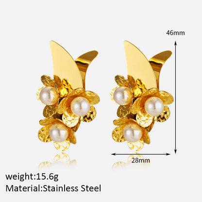 Stainless Steel Flower Pearl Stud Earrings Electroplating