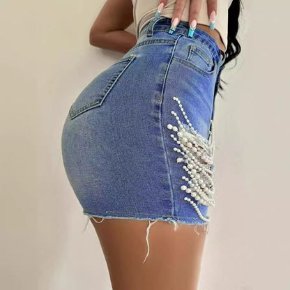 European And American Denim Shorts High Waist Slimming Handmade Bead Necklace Ripped