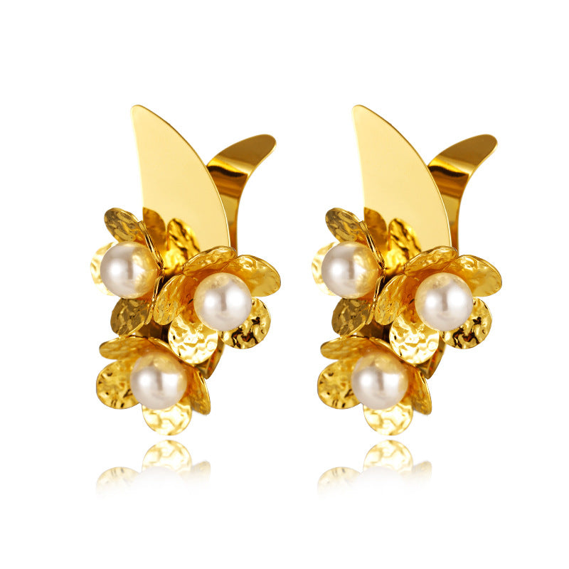 Stainless Steel Flower Pearl Stud Earrings Electroplating