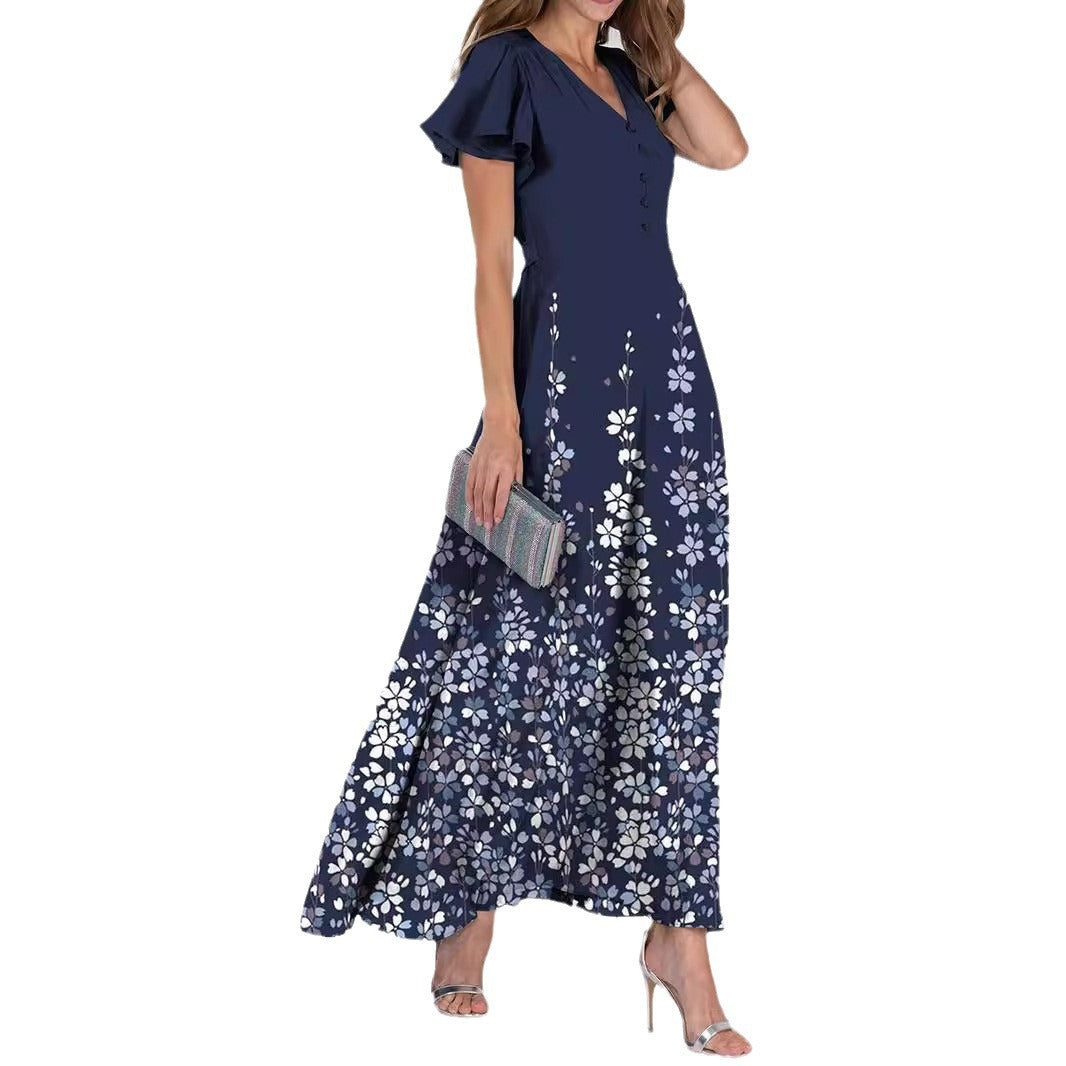 Women's Fashion V-neck Flounce Pastoral Style Waist-slimming Long Dress