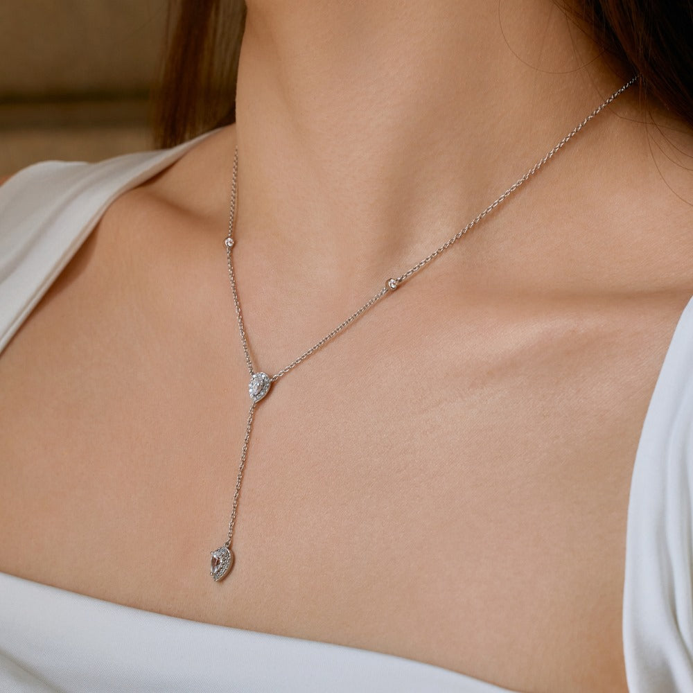 Silver S925 White Pear-shaped Water Drop Round Zirconium Inlaid Exquisite Design Clavicle Chain Necklace