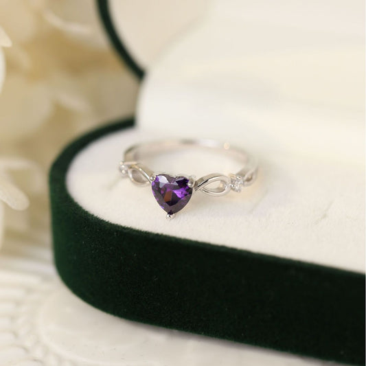 S925 Sterling Silver Natural Amethyst Heart-shaped Simple Women's Gemstone Ring