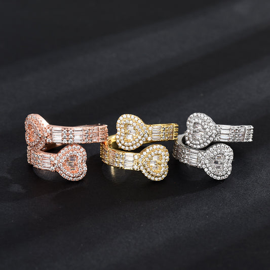 Copper Inlaid Zircon Heart-shaped Ring Design Irregular