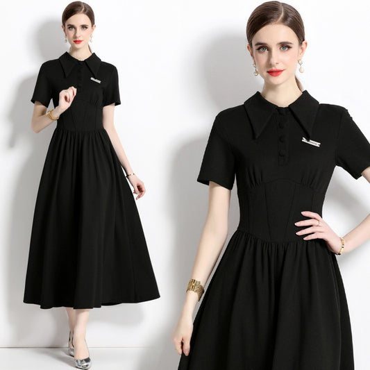 Fashion Polo Collar Stitching Black Dress Lightly Mature French Waist-tight Long