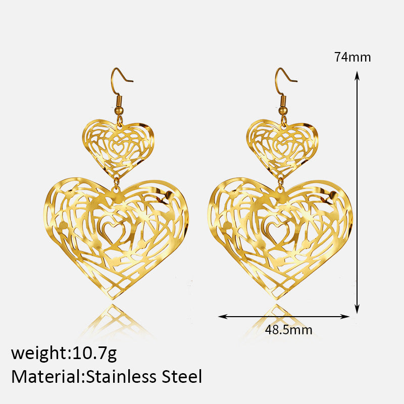 Retro Titanium Steel Earrings Peach Heart Hollow Out