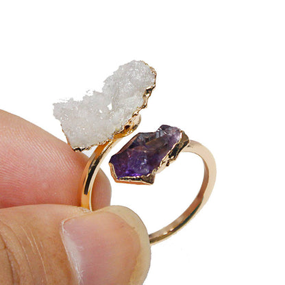 Natural Amethyst Black Tourmaline White Crystal Cluster Knuckle Ring Adjustable Ring