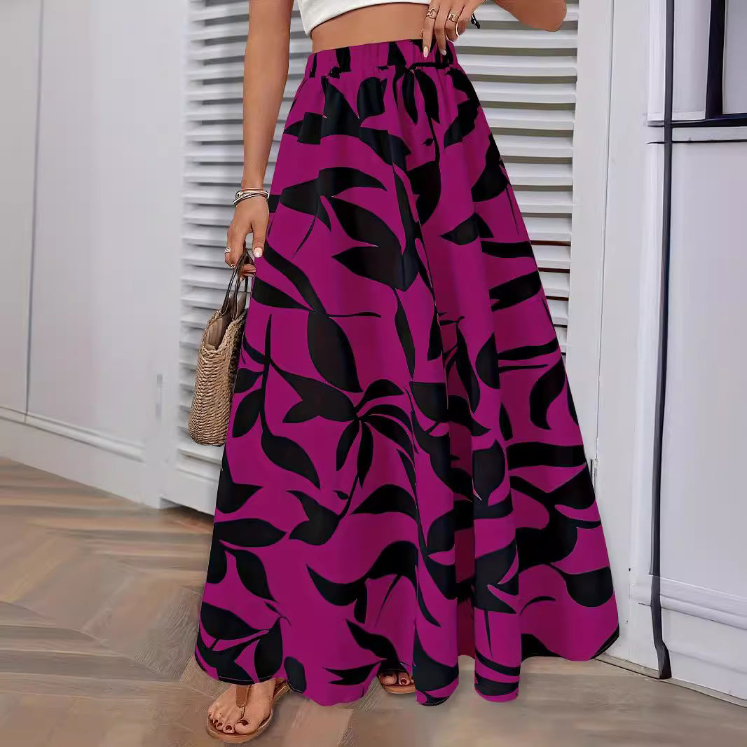 Women's Printed Stitching Elastic Waist Skirt