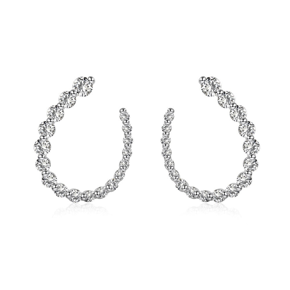 Silver S925 White Round Zirconium Inlaid Full Diamond Arrangement U-shaped Special-interest Design Trendy Earrings