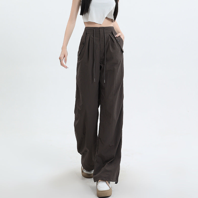 American High Street Cool Drawstring Lace-up Casual High Waist Wide Leg Pants