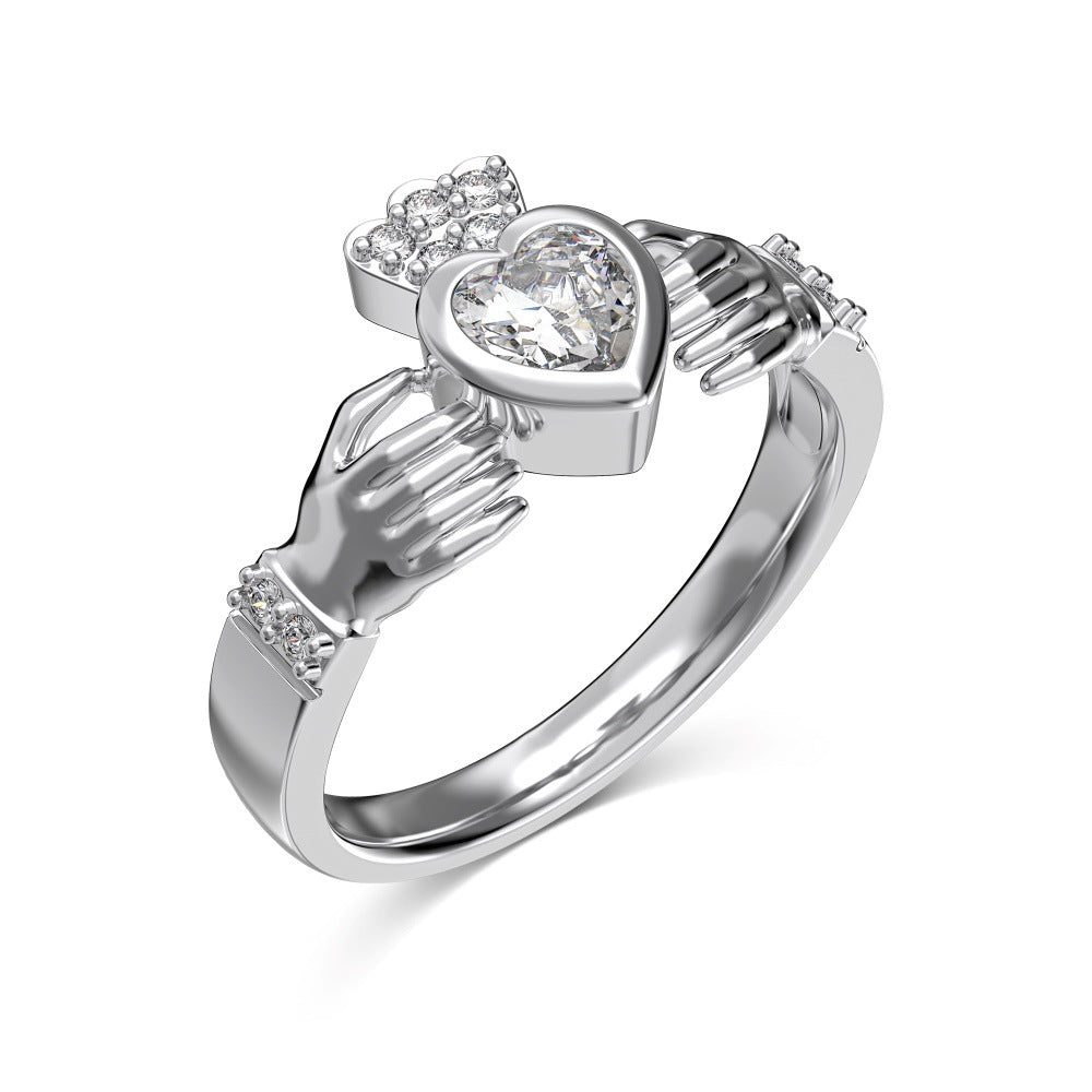 Silver S925 Heart-shaped Round Zirconium Inlaid Hand-held Love Exquisite Minority Fashion Design Sense Women's Ring