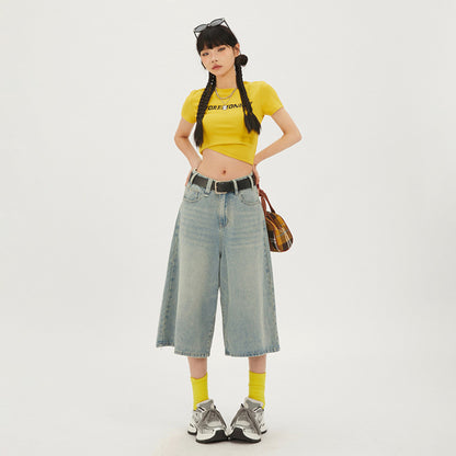 American Retro High Waist Loose Wide Leg Pants Versatile Cropped Pants Shorts Straight