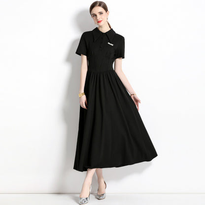 Fashion Polo Collar Stitching Black Dress Lightly Mature French Waist-tight Long