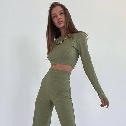 European And American Long-sleeved Pajamas Short Trousers Suit Fashion Sunken Stripe Knitted Home Wear