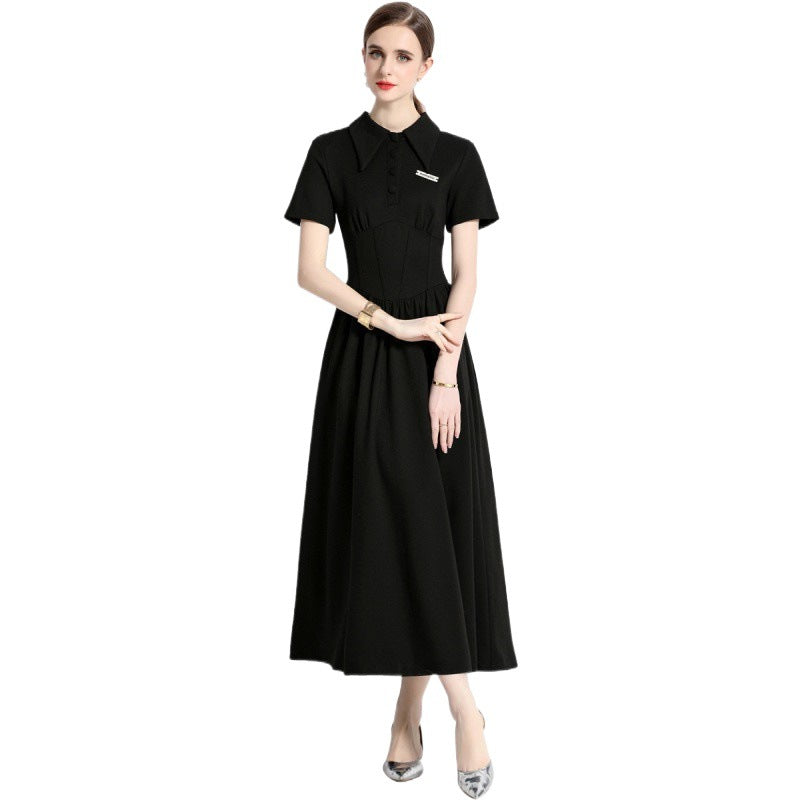 Fashion Polo Collar Stitching Black Dress Lightly Mature French Waist-tight Long