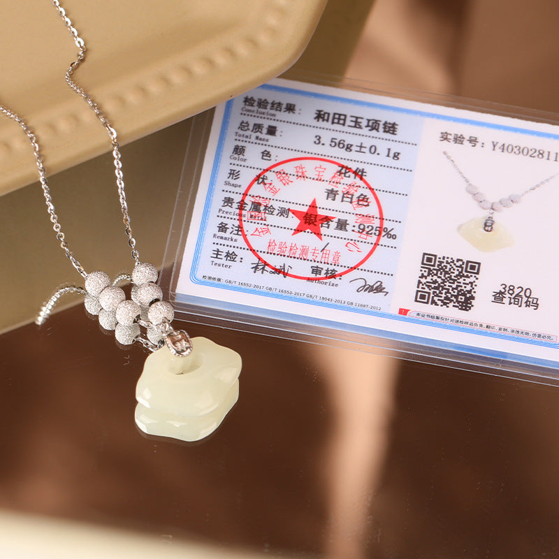 Light Luxury Hetian Jade Lucky Safety Lock Artistic And Ancient Style Necklace