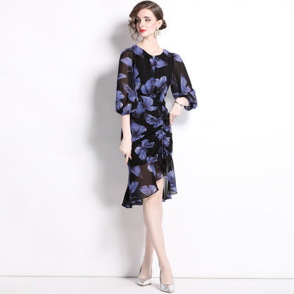 Fishtail Swing Floral Dress Lantern Sleeve Pleating