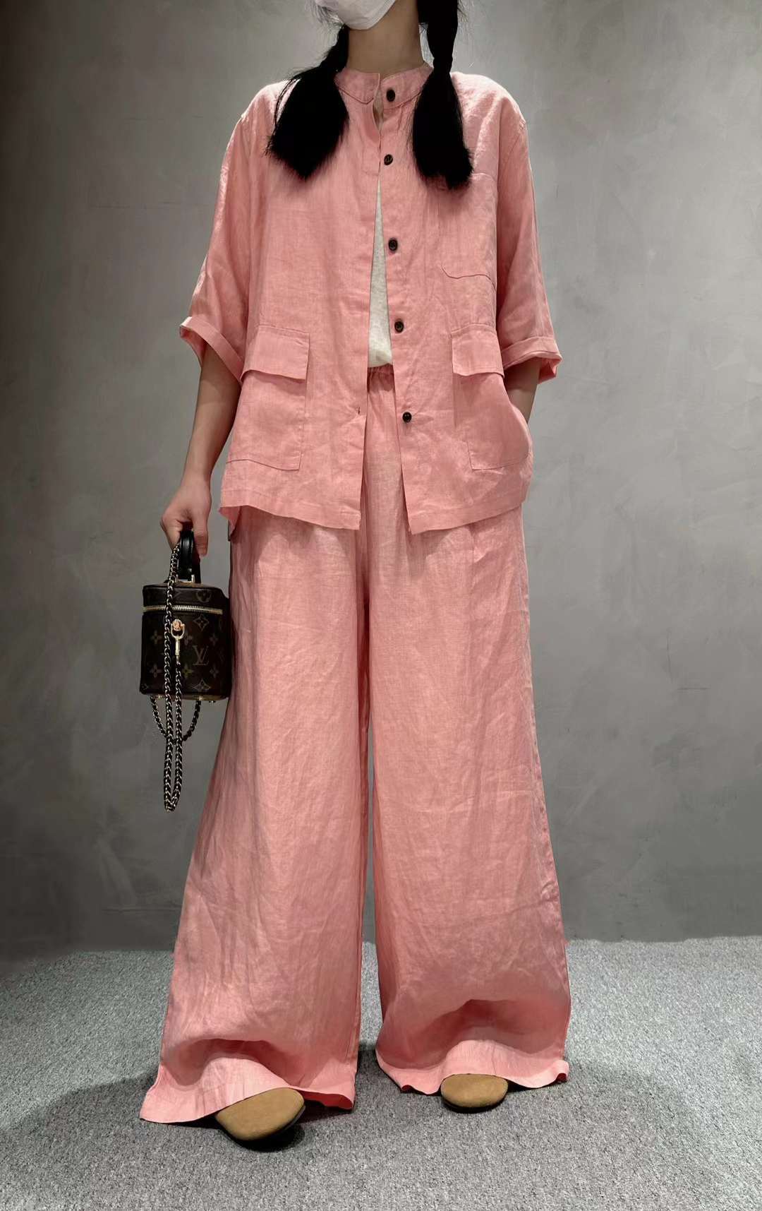 Solid Color Linen Suit Half Sleeve Shirt Casual Pants