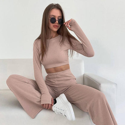 European And American Long-sleeved Pajamas Short Trousers Suit Fashion Sunken Stripe Knitted Home Wear