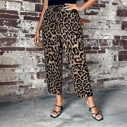 Plus Size Women's Lace-up Leopard Print Woven Pants