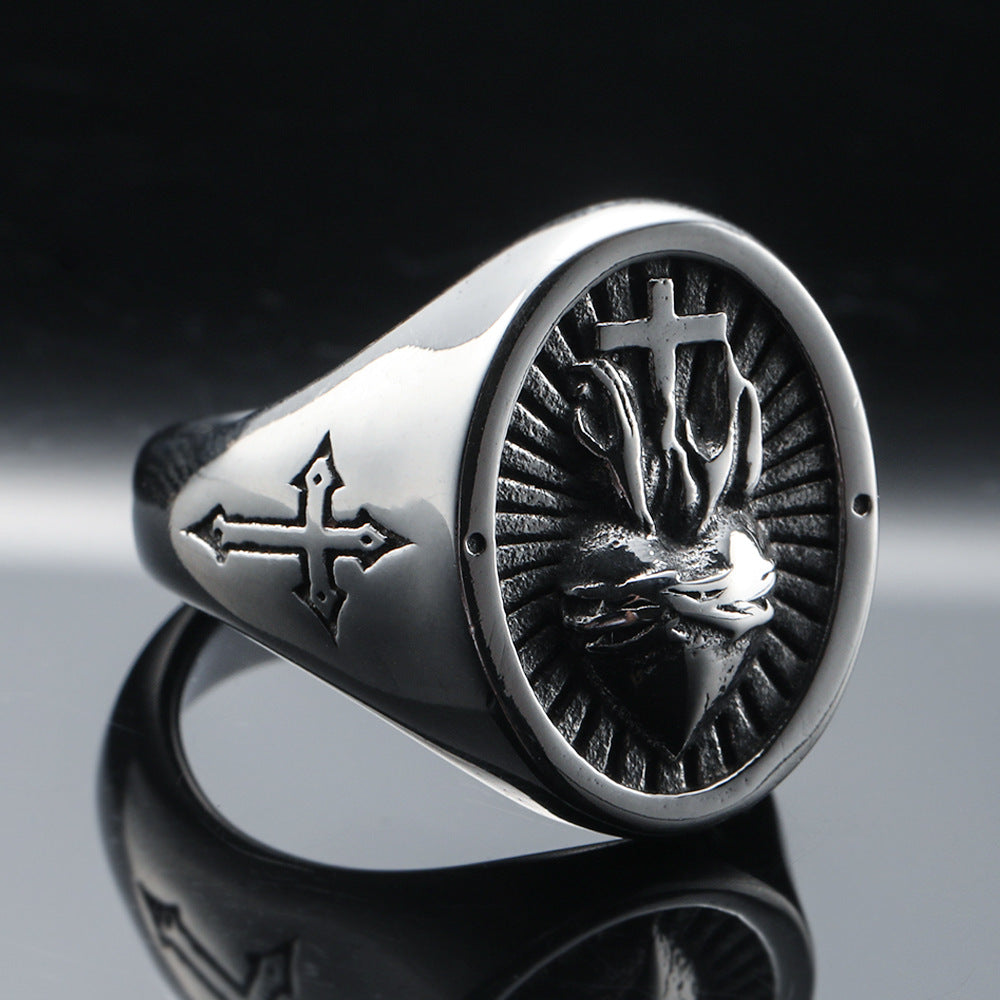 Nordic Punk Retro Style Cross Heart Titanium Steel Ring