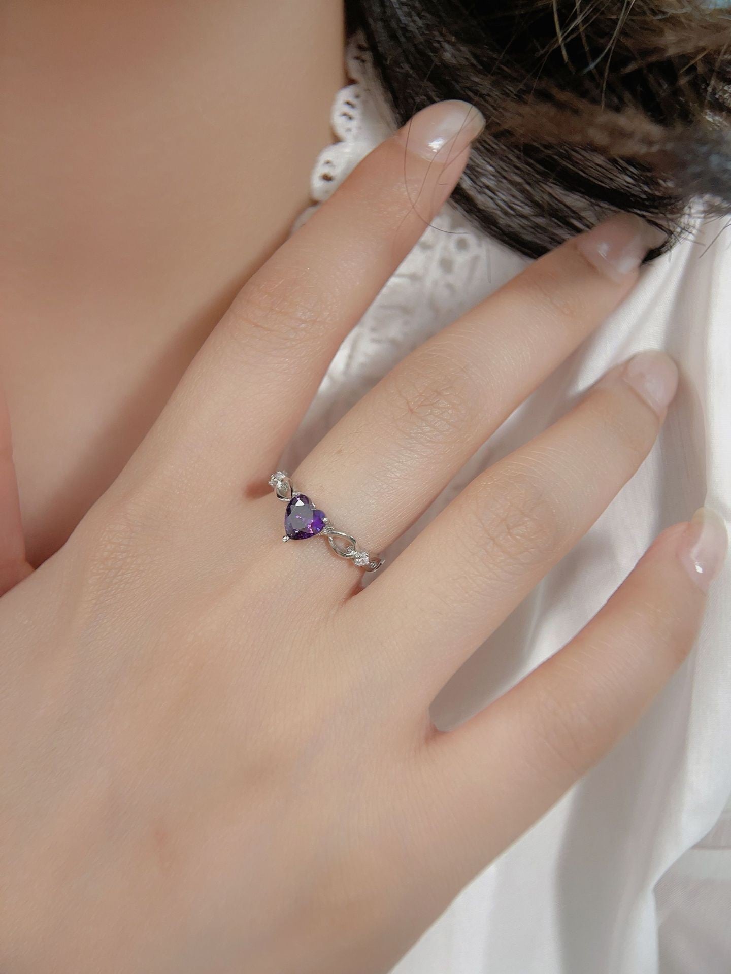 S925 Sterling Silver Natural Amethyst Heart-shaped Simple Women's Gemstone Ring