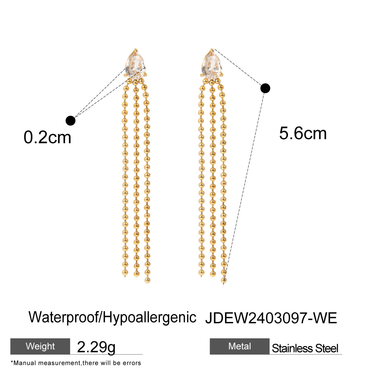 18K Gold Stainless Steel Drop-shaped Crystal Zirconium Tassel Stud Earrings