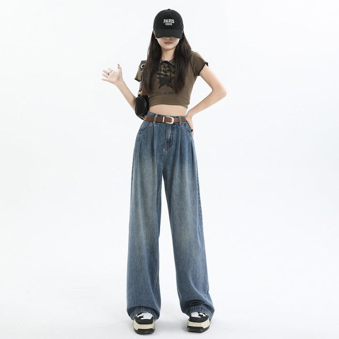 Korean Style Wide-leg Jeans High Waist Loose Pleated Straight Mop