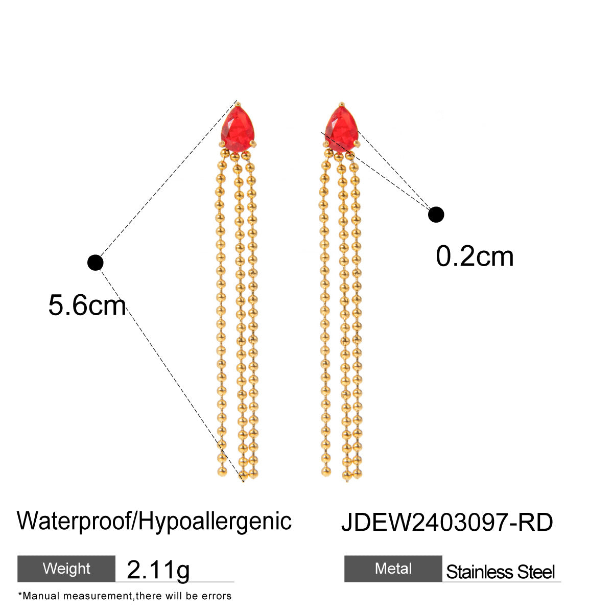 18K Gold Stainless Steel Drop-shaped Crystal Zirconium Tassel Stud Earrings