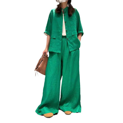 Solid Color Linen Suit Half Sleeve Shirt Casual Pants