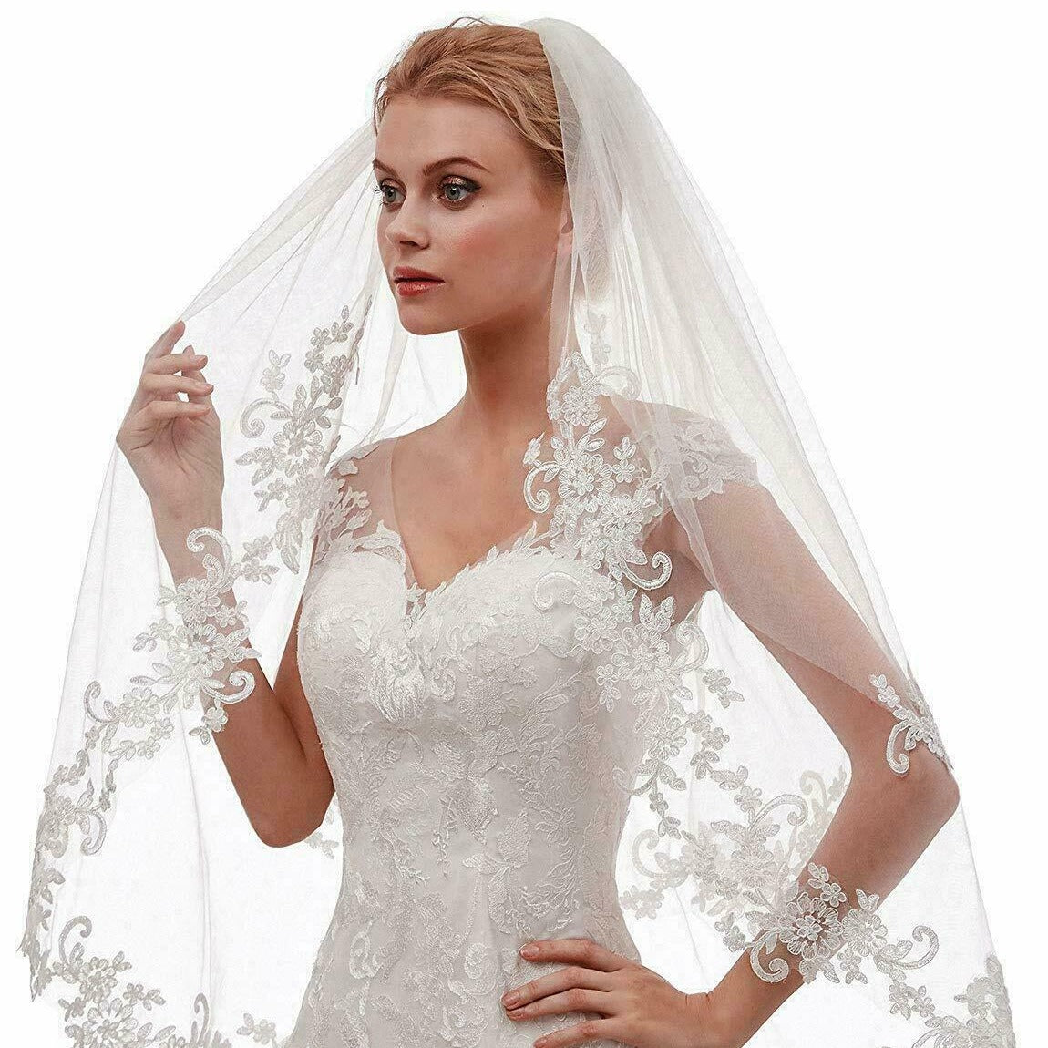 Veil White Ivory Embroidery Applique Double Rounds Comb