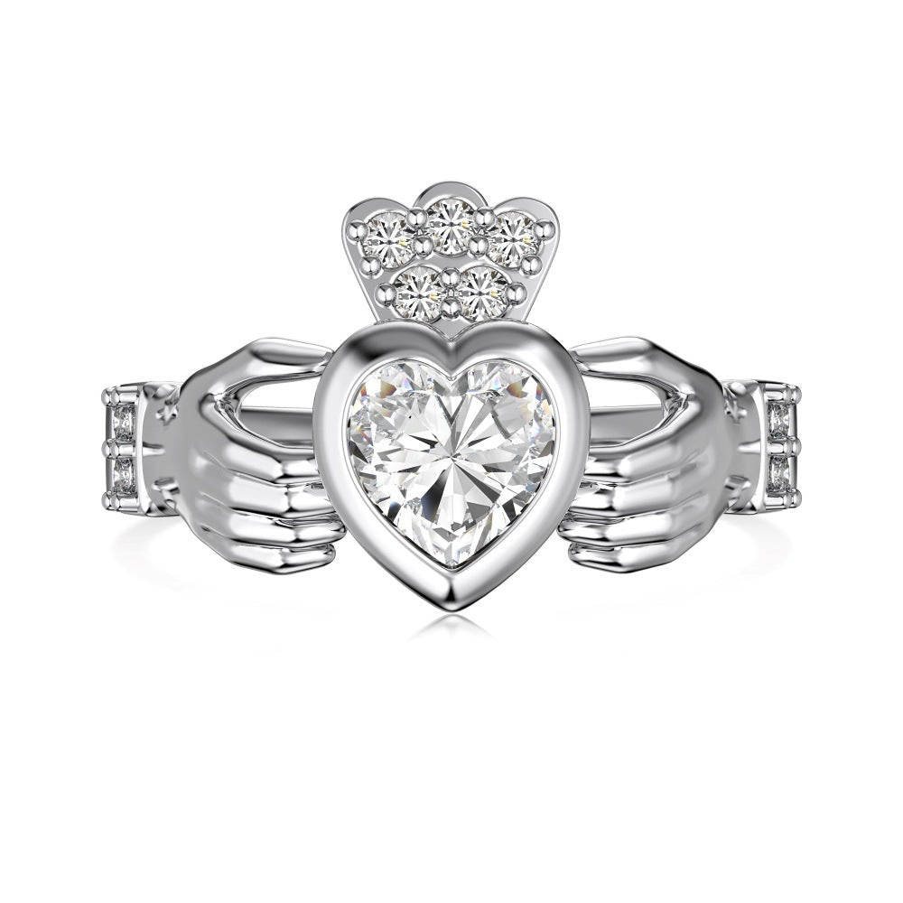 Silver S925 Heart-shaped Round Zirconium Inlaid Hand-held Love Exquisite Minority Fashion Design Sense Women's Ring