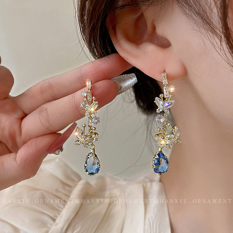 Silver Needle Zircon Butterfly Water Drop Earrings Fashion Tassel Design Earrings