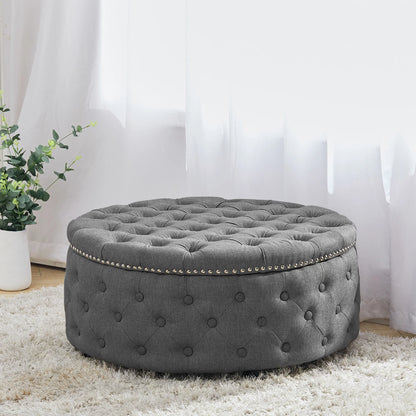 Round Linen Deep Buttoned Ottoman with Studded Edge