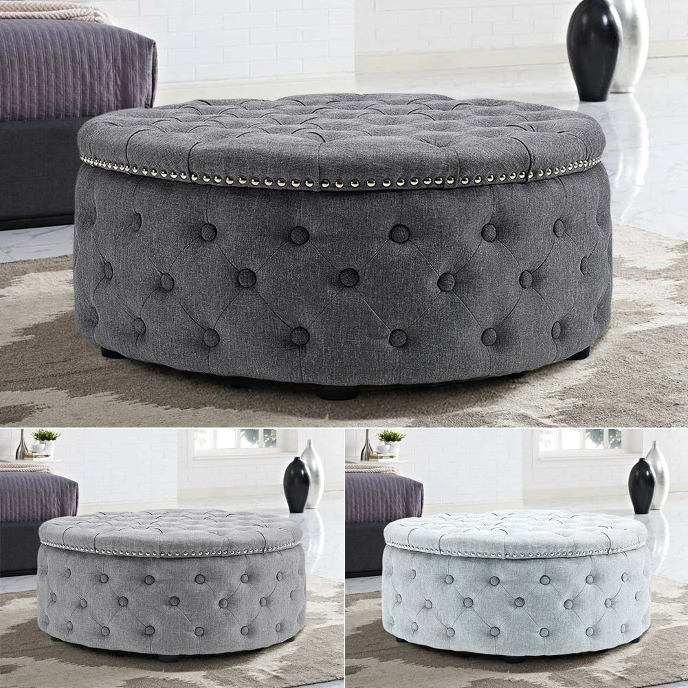 Round Linen Deep Buttoned Ottoman with Studded Edge
